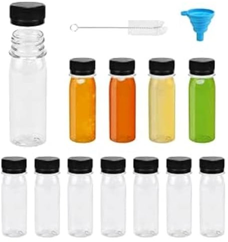 LXBCTOP 16 bottiglie da 60 ml, piccole bottiglie da riempire in plastica, da 2 oz di zenzero shot, mini bottiglia di plastica con imbuto, spazzola ed etichette, bottiglie di plastica riutilizzabili