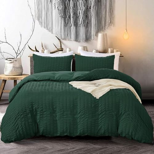Emerald Green Duvet Cover Set for Adults 3 Pieces Classic Seersucker Soft Breathable Microfiber Bedding Set Super King 220x260 cm
