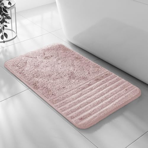 Velosso Super Soft Microfibre Bath Mat, Non-Slip, Modern High Density Striped Design, Machine Washable, Bathroom Shaggy Floor Rug (Pink Blush, 50 x 80 cm (Bath Mat))