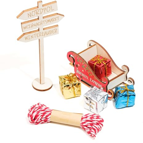 RTUOHUIN Wichtel Schlitten Set, 8-TLG. Miniatur Wichtel Zubehör für Wichteltür und Weihnachten inkl. Schlitten zum Aufbauen, 5 Geschenke, Wegweiser, Seil, Kinderzimmer Deko für Weihnachten