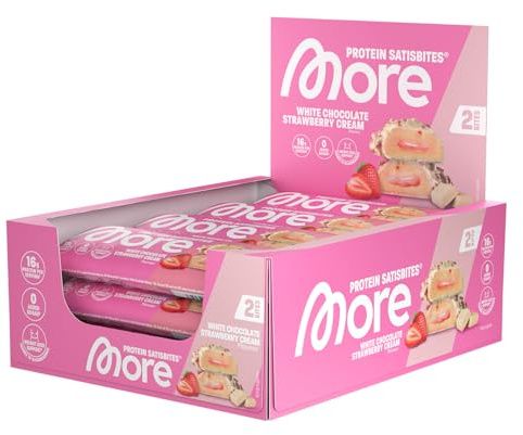MORE Protein Satisbites, 12er Box Proteinriegel, 12 x 2 x 25 g | White Chocolate Strawberry Cream, bis zu 16 g Protein pro Portion, ohne Zuckerzusatz, made in Germany