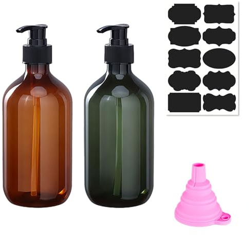 2 Pack Plastic Soap Dispenser with Pump, 500ml/17oz Refillable Pump Bottle Dispenser for Kitchen, Bathroom, Liquid Soap, Hand Soap, Dish Soap, Shampoo, Conditioner, with Funnel and Label Paper