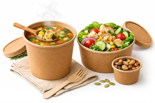 Sanjoma Chemical Solutions Soperas Kraft Desechables Biodegradables, Sin Plástico, Compostables, Tamaños Variados con Tapas Opcionales para Sopa, Take-Away, Catering (100, 960 ml)