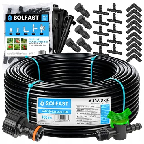 SOLFAST Tropfschlauch Set 100 m 16 mm – Bewässerungssystem Tropfbewässerung für Garten, Gewächshaus, Pflanzen, Beet, Hecke, automatische Gartenbewässerung