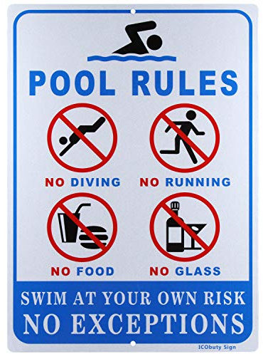 Panneau réfléchissant « No Lifeguard On Duty Pool Rules » « No Glass Allowed in Pool Area » - 25,4 x 35,6 cm - Panneau en aluminium antirouille de 40 mm (règles de la piscine)