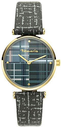 Tamaris Damenuhr Elea mit Design Lederband im Vintage Style 32 MM Goldfarben/Grün TW357