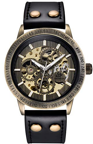 Alienwork Automatikuhr Armbanduhr Herren Damen Bronze Lederarmband Schwarz Skelett Retro