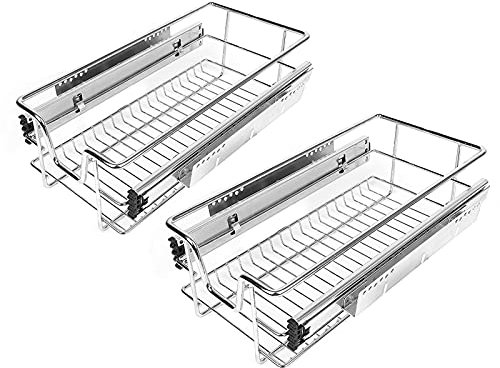 HUOLE 2X Korbauszug Schrankauszug Korbschublade| komplett vormontiert | Farbe Silber | verstellbar,Teleskopschublade Küchenschublade Schlafzimmerschublade, 41 * 14 * 26cm