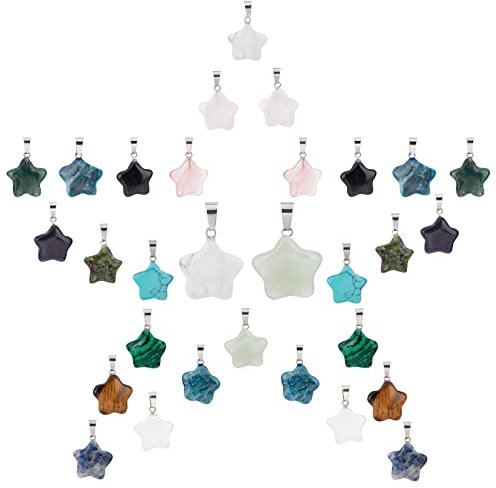 SUNNYCLUE 1 Box 30Pcs 15 Colors Star Gemstone Charms Natural Energy Healing Crystal Mixed Stone Pendants Colorful Chakra Gems Beads Rose Quartz Tiger Eye Agate for Jewelry Making Crafts Supplies