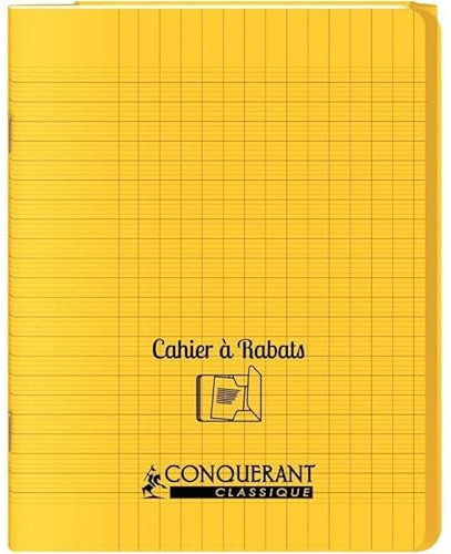 Cahier 96 pages seyès 90 g avec couverture polypropylène jaune 3 rabats, format 17 x 22 cm CONQUERANT