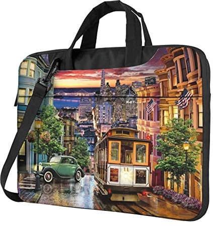 San Francisco bedruckte Laptop-Umhängetasche, Laptop- und Tablet-Schultertragetasche, Schwarz , 15.6 inch