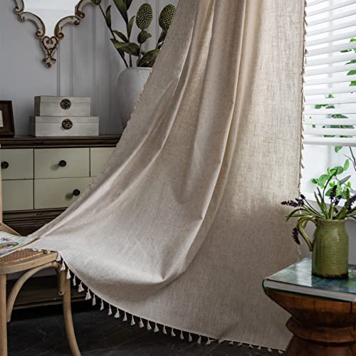 Sutuo Home Boho-Vorhänge in strukturierter Leinenoptik für Schlafzimmer, 244 cm lang, Stangendurchzug, schick, halbtransparent, Boho-Stil, handgefertigte Quasten, Fensterdekoration für Wohnzimmer, 1