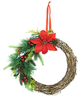 HEITMANN DECO - Rattankranz mit Zweigen und Blumen - Natur/grün/rot - ca. 28cm