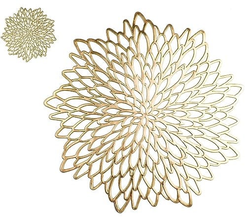 Snowkingdom 4 Pack Gold Placemats Metallic Pressed Vinyl Golden for Dinning Table Place Mats Round Floral Charger Decoration for Christmas Thanksgiving Holiday Wedding