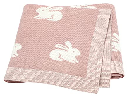 Hadetoto Baby Blanket for Newborn Soft Knitted Blankets Baby Essentials for Newborn 90 x 70cm Bunny - Pink | Soft Knit, Girl Boy, Essentials Gifts, Lightweight, Nursery Bedding