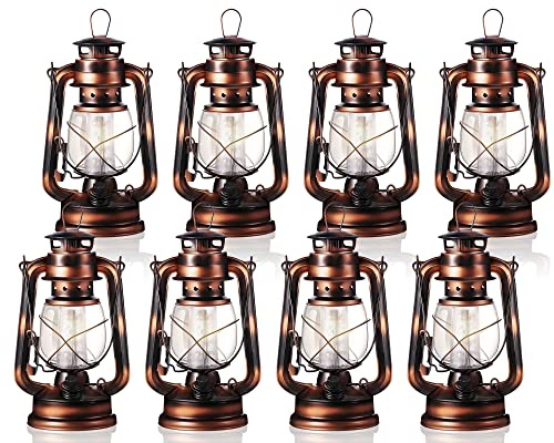 Hortsun 8 Pieces 8 Inch Vintage LED Hurricane Lanterns, 12 Warm LEDs, Dimmer Switch, Battery Operated, Metal, Retro Color, Not Water Resistant