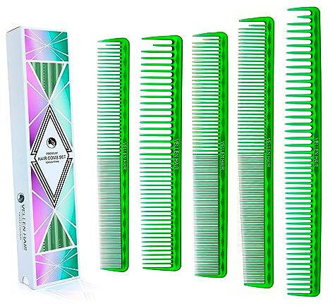 Peigne Professionnel Vellen [Lot de 5] – Peigne Coiffeur Incassable ULTEM Résistant à 220°C – Dents Fines/Larges pour Salon, Barbiers, Lissage & Coupe – 17,8 à 22,8 cm (Vert transparent)