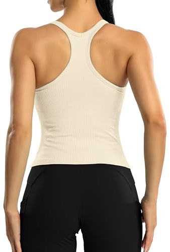 ATTRACO Scoop Neck Sports Crop Tops with Built-in Bra Seamless Workout Tank Beige L