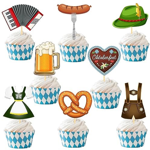 24PCS Oktoberfest Decoration Cupcake Toppers for Bavarian Beer Festival(B) | Oktoberfest Cake Decoration,Bavarian Party Dessert Decorations,Glitter Cupcake Toppers for Beer Festival
