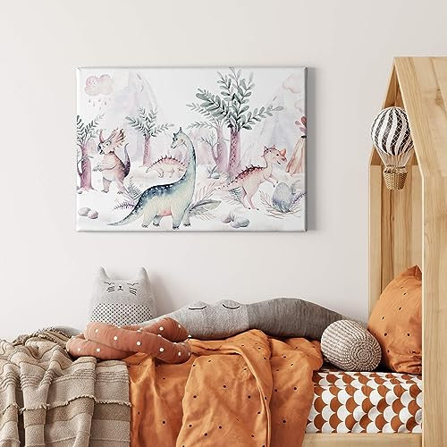 A.S. Création Leinwandbild Tiere Dinosaurier für Kinder - Kunstdruck blau weiß - 70x50 cm Querformat - moderne Wanddekoration Schlafzimmer Wohnzimmer Kinderzimmer - Bild auf Keilrahmen