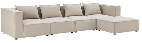Juskys modulares Sofa Domas XL - Couch für Wohnzimmer - 4 Sitzer - Ottomane, Armlehnen & Kissen - Ecksofa Eckcouch Ecke - Wohnlandschaft Stoff Beige