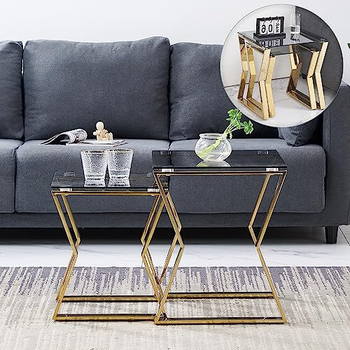 Satztische aus goldenem Glas mit Rahmen aus 100% Edelstahl, stapelbare Satztische aus Chrom, Beistelltische, Beistelltische, Lampentisch für das Wohnzimmer, platzsparend – Platte aus dunkle