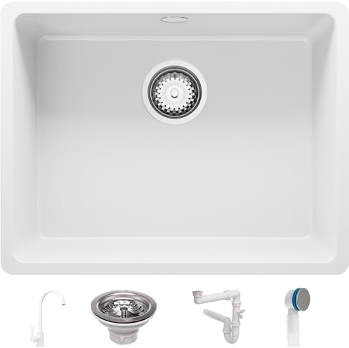Fregadero bajo Encimera Blanco 56x44cm, Granito 1 Seno + Sifón + Grifo, Al mueble 60cm - Venecia Easy de Primagran