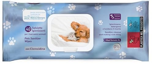cubex professional | 5 x 40 Extra Large Chlorhexidine Sanitizing Wipes for Dogs, Cats and Pets, Cleanse and Polish, Anti Bad Odors, 0% Alcohol, 100% Made in Italy