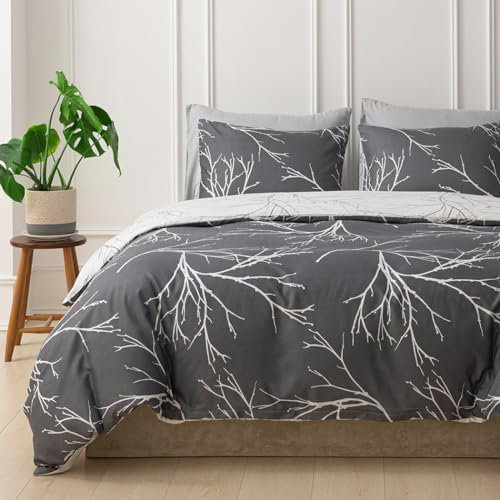 Tokokimo Bettwäsche 220x240 3teilig - Bettwäsche-Sets mit 2 Kopfkissenbezüge mit Reißverschluss 80x80 cm - Baumzweigmuster Mikrofaser Bettbezug für Doppelbetten mit Reißverschluss, Dunkelgrau