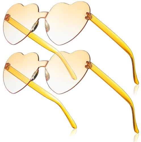 Fiada Giallo, Classico 2 Paar Herz Sonnenbrillen Herzförmige Brillen Lustige Partybrillen für JGA Hochzeit Fasching Kostüm Farbige Randlose Sonnenbrillen für Frauen(Gelb, Klassisch)
