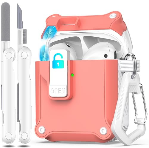 R-fun per AirPods 2a generazione 2019 Custodia, 1a gen 2016, protezione completa contro le cadute, coperchio a scomparsa automatico per custodia Apple Airpods con kit di puliz,Bianco/Rosa Pesca
