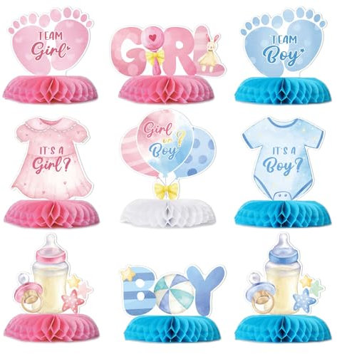 9 Stück Gender Reveal Party Deko Bienenwabe Mittelstück Tischdekoration Mädchen oder Jungen Dekoration für Tischdeko Babyparty Baby Shower Tischaufsätze Geschlecht Verkünden