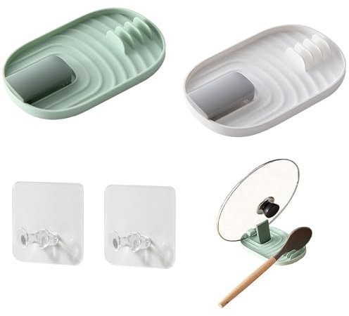 2 Piezas Soportes Para Tapas de Ollas,Estante para Utensilios de Cocina,Soporte de Tapa,Estante de Cuchara de Cocina,Bandeja para Cubiertos,Plegable Soporte,Con 2 Ganchos Pegajosos (Verde blanco)