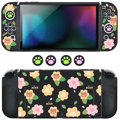 DLseego Coque de Protection pour Switch OLED,Antichoc Souple Poignée Cover Dockable Housse de Protection Console Accessoires avec 2 Joycon Cover et 4PCS Pouce Pouce Capuchons,Ours à Fleurs Noires
