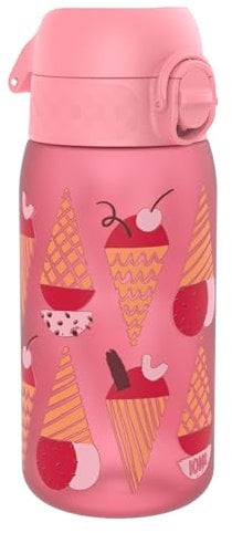 Ion8 Kids Water Bottle, 350 ml/12 oz, Leak Proof, Easy to Open, Secure Lock, Dishwasher Safe, BPA Free, Carry Handle, Hygienic Flip Cover, Easy Clean, Odour Free, Carbon Neutral, Pink, Ice Creams