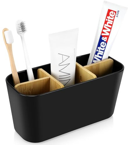 Porte Brosse à Dents Rangement Salle De Bain Support Brosse A Dent Electrique SéParateurs Bois avec 5 Emplacements Porte Brosse Dents Et Dentifrice Multifonctions Organisateur Salle De Bain Cuisine