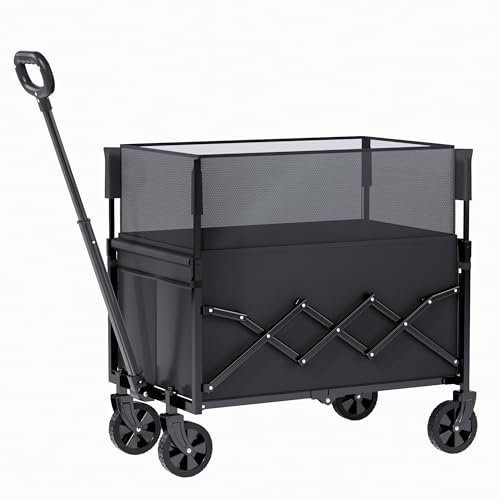 Chariot Pliable Robuste avec Roues, Utilitaire Tout Terrain pour Le Jardinage, Le Camping, Les Courses, la Plage et Les Sports de Plein air, Noir, Capacité Maximale de 120 litres et 100 kg.