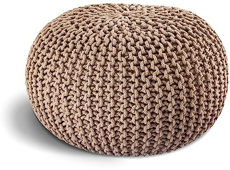 ELYFLAIR® handgefertigter Strickhocker Ø 55cm o. Ø 45cm I Sitzpouf Sitzpuff Bodenkissen Sessel Kissen Sitzhocker Sitzsack - mit eleganter Grobstrick-Optik - Dekoration Interieur (Beige, Ø 45cm)