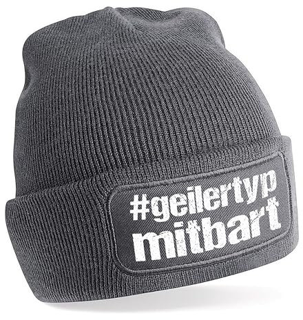 Beanie Strickmütze mit Spruch | #geilertypmitbart - Geiler Typ mit Bart | grau | Unisex SoftTouch angenehm weiche und warme Wintermütze | OneSize Einheitsgröße für Erwachsene