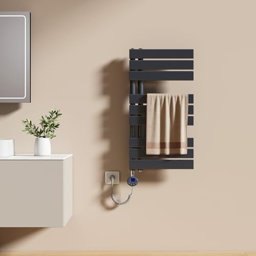 EMKE Radiador Toallero Eléctrico con Termostato 762x400 mm, 400W Antracita, Toallero Eléctrico de Bajo Consumo, Resistencia Calefactora con Temporizador,Calienta Toallas,Secatoallas