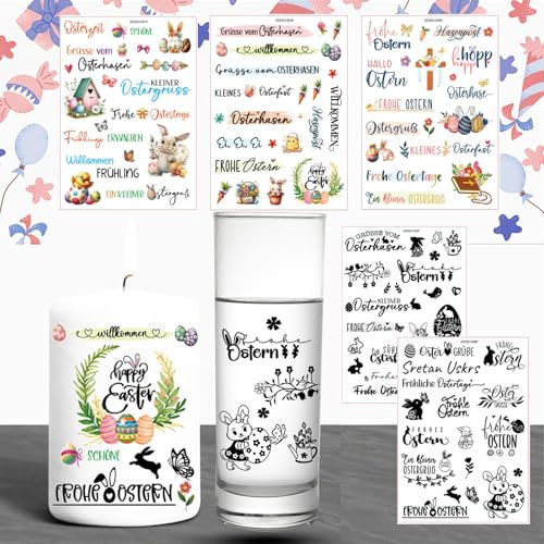 ROEOWENE 5PCS Kerzentattoos Ostern Wasserschiebefolie Kerzen Tattoos Frohe Ostern Rub on Sticker Familie Kerzenfolie DIY Kerzensticker für Keramik,Geschenk Kerzenaufkleber für Dekorieren Kerzentatoos