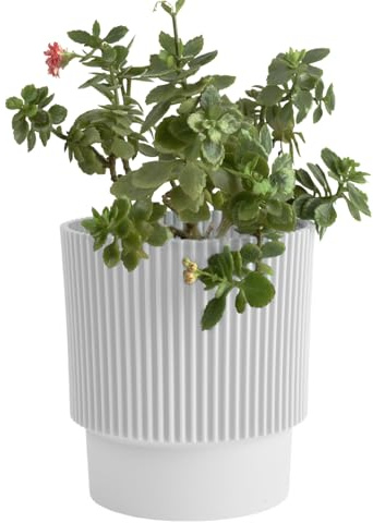B2C Plant Pots Flower Planter 3 Colours 3 sizes Plastic Pot Modern Elegant Textured Modern Home Garden Indoor Outdoor use Convex stripes (White, W13cm x H16cm)