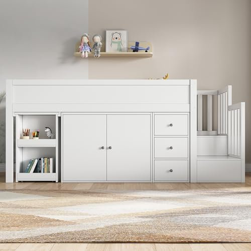 KecDuey Kinderhochbett 90 x 200cm,Multifunktionales Kinderbett, Mit Ausziehbarem Schreibtisch Und Seitlichem Ablagefach, Mit Schrank, Mit Schublade, Mit Treppe Und Treppenschrank