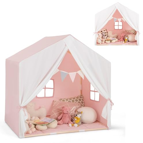 HOMASIS Kinderzelt Indoor, Spielzelt mit Matte, Vorhang, Flaggen, Spielhaus aus Holzrahmen, Bettzelt Prinzessin Zelt für Mädchen & Jungen ab 3 Jahren, Kinderspielhaus für Kinderzimmer (Rosa)