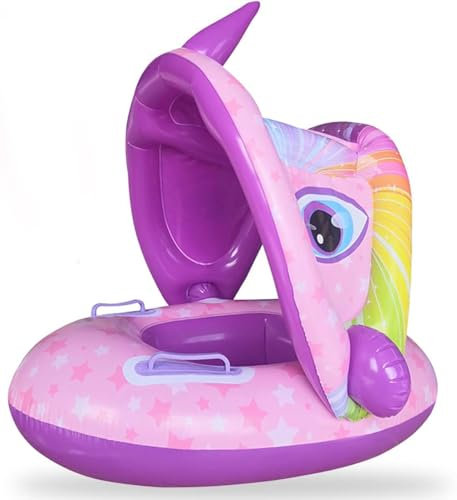 Flotador de Natación para Bebés Unicornio Anillo de Natación Bebé, Flotador de Piscina para bebé con toldo Desmontable,Anillo de natación para bebé Inflable, para Niños de 6 a 30 Meses