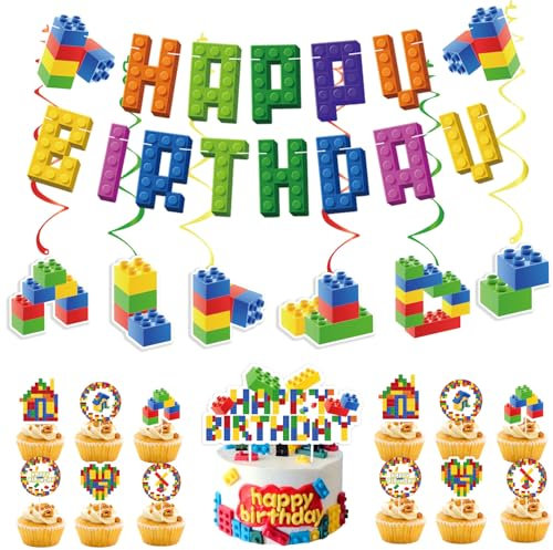 Kiyanest Bauklotz-Geburtstagsdeko – Happy Birthday Banner mit Hängespiralen, Kuchentopper & Cupcake-Toppern – Bunte Baustein-Partydeko für Kinder