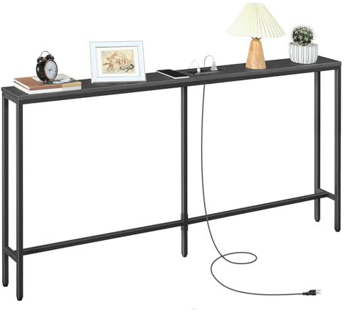 MAHANCRIS Skinny Console Table with Power Outlets, 160 cm Narrow Sofa Table, Behind Couch Table with Charging Station for Plants, Living Room, Black ACTBK165KE01