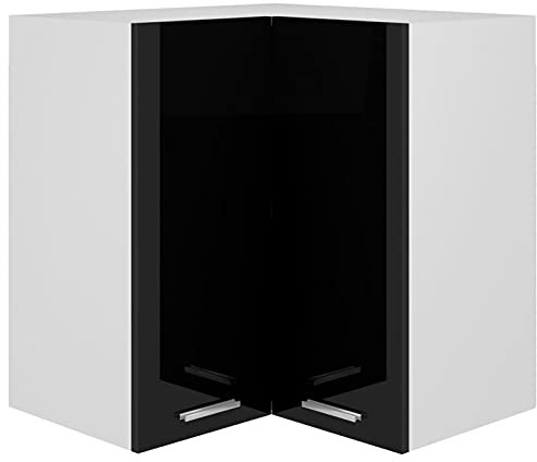 Schwarzer Hochglanz-Eckschrank, 57 x 57 x 60 cm, Wandmontage, Aufbewahrungseinheit für Küche, Wohnzimmer und Büro, Holzwerkstoff, Vitrine, Innenmöbel