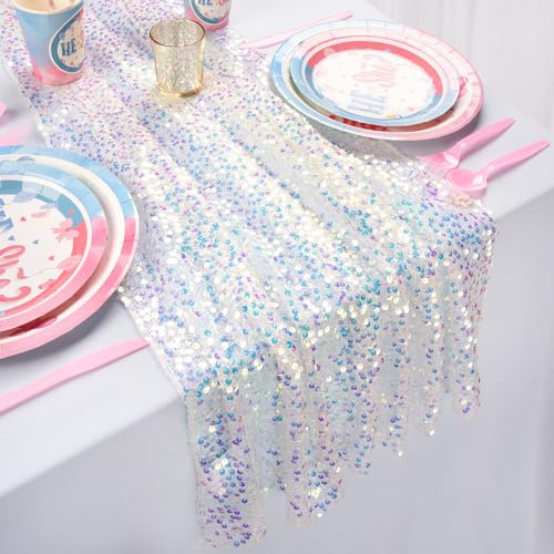Glitzer Tischläufer Weiß 63 x 300 cm Schillernd Pailletten Tischband für Hochzeit Outdoor Tischdeko Taufe Galadinner Party Elegante Meerjungfrau Deko (1 Stück)