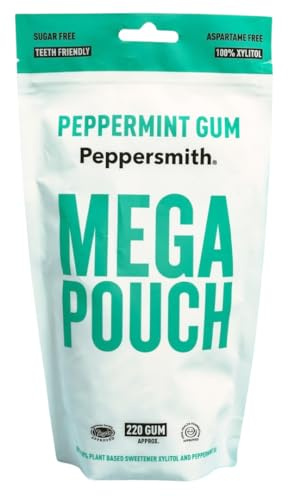 Peppersmith Peppermint Chewing Gum - Mega Pouch - 220 Gum Pieces - 330g | Sugar Free 100% Plant Based Xylitol, Fresh Breath, Benefits Oral Health, Reduce Plaque, Kills Bacteria, Aspartame Free